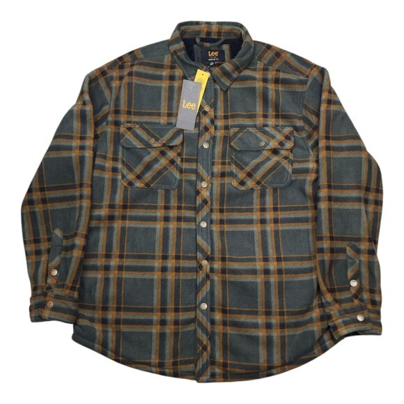 Lee Men XL Plaid Fleece Shirt Jacket Shacket Sherpa Lining Regular Dark Olive - Picture 1 of 14